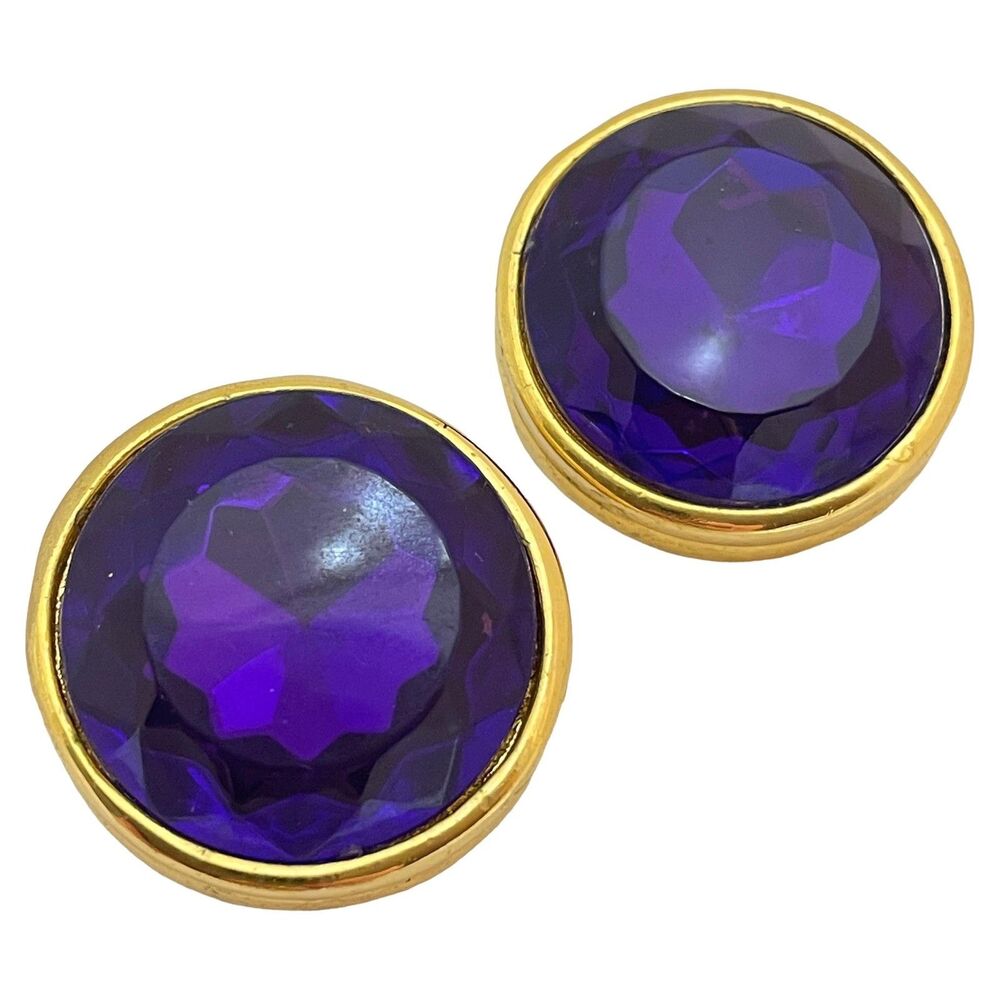 Vintage gold amethyst glass designer runway clip on earrings
